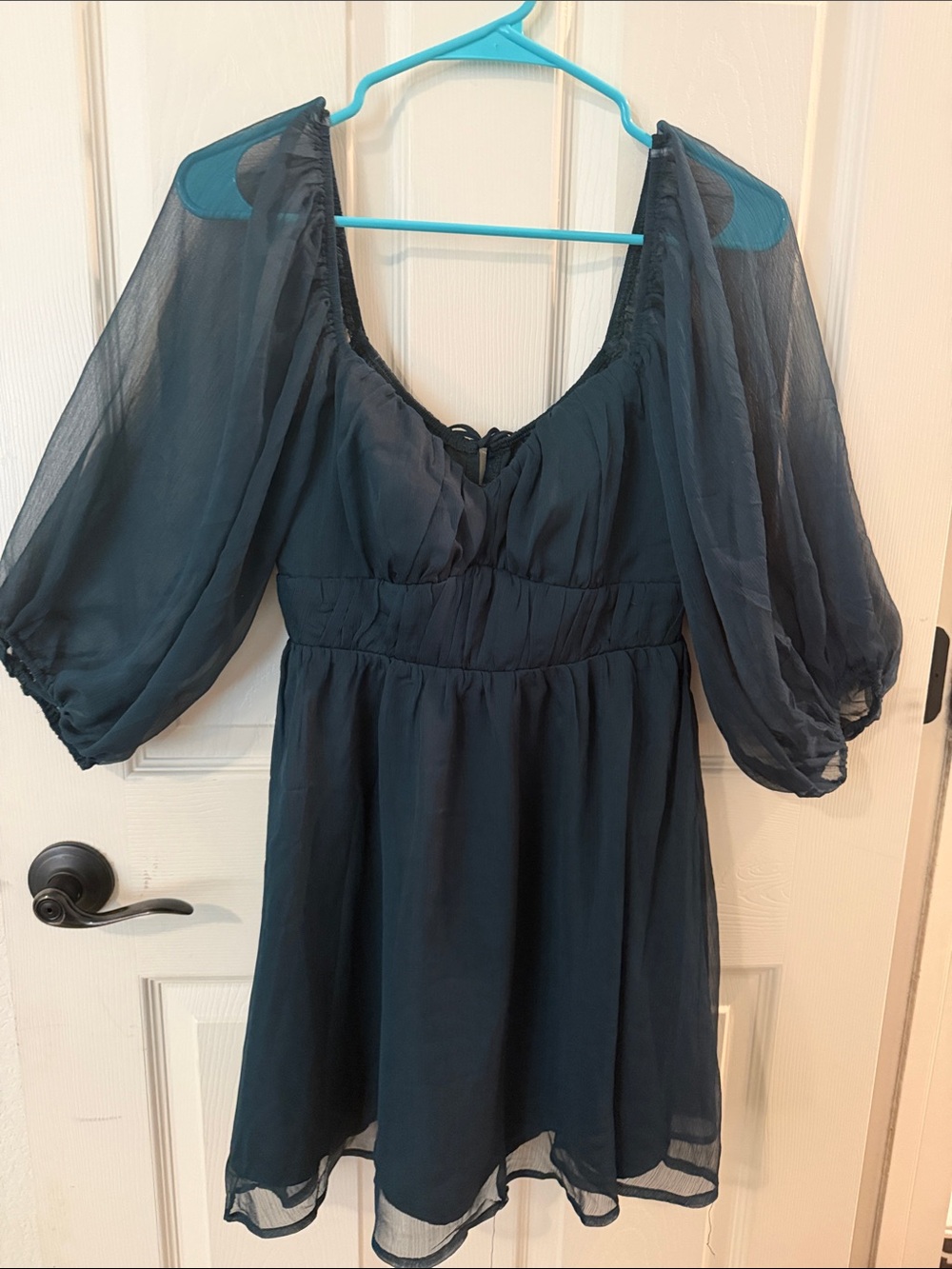 Lulu's Navy Blue Puff-Sleeve Chiffon Mini Dress